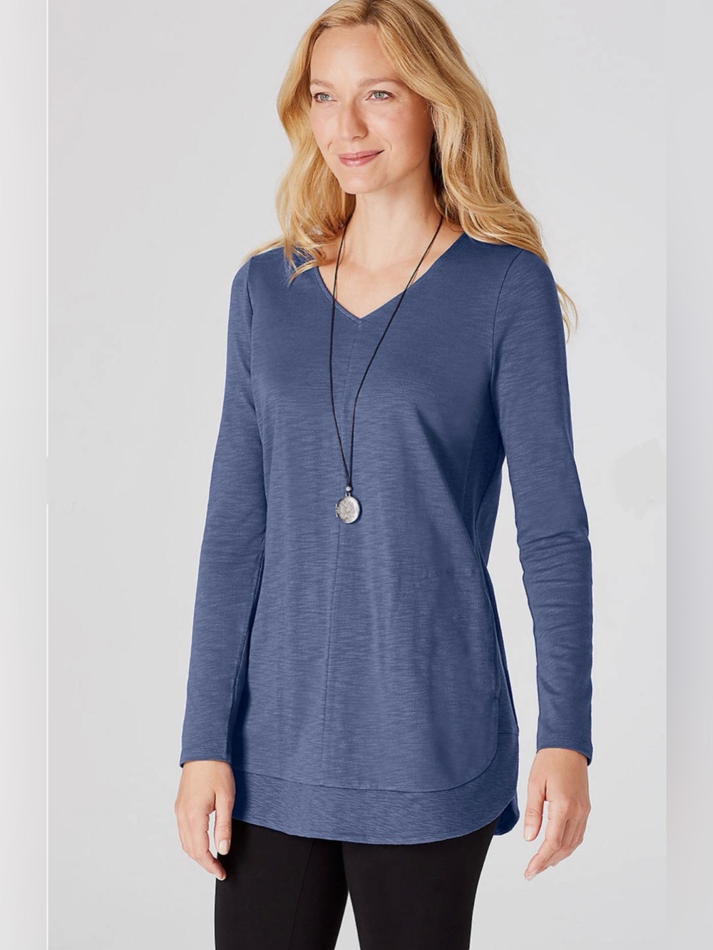 J. Jill Blue Cotton Long Sleeve V-Neck Tunic Top. Size S